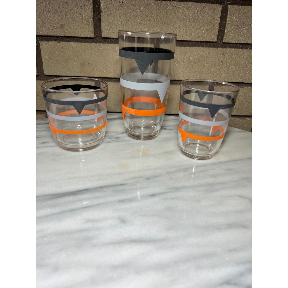 Vintage MCM Sabre Tooth Glass Tumblers Set 3pc Orange Black Grey Made in Brazil